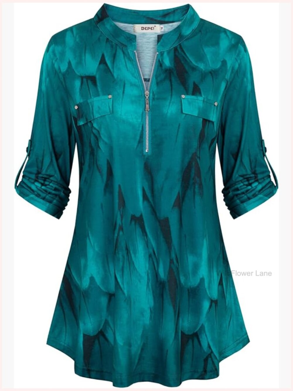 Floral 3/4 Sleeve Zip Up V Neck Work Chiffon Blouse Top Tunics - Picture 1 of 7